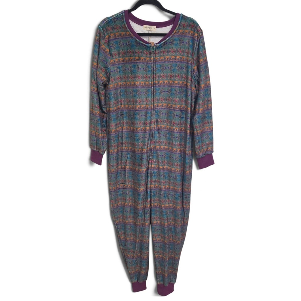 Natural Life Pajamas One Piece Medium Rainbow Fleece Zip Front Cozy Whimsy NWT